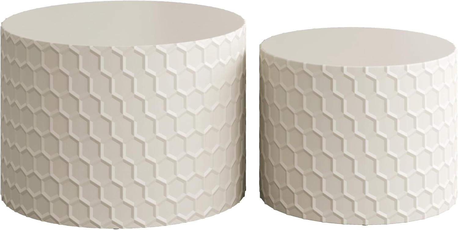 Round Nesting Coffee Table Set of 2, Modern Circular Side Table Set with Honeycomb Design, 2 Piece Nesting End Table Accent Tables Coffee Table for Living Room Bedroom Apartment - Beige