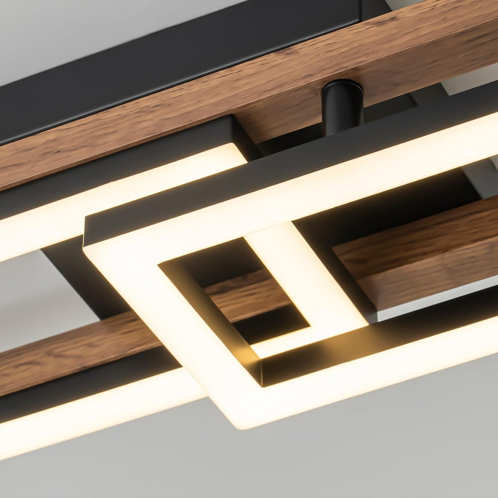 Lingkai 27.5' LED Modern Ceiling Lights Wooden Square Rectangular Lamp Fixture Wood, Modern Kitchen Ceiling Lighting Fixtures 3000K for Island Bedroom Living Room Hallways