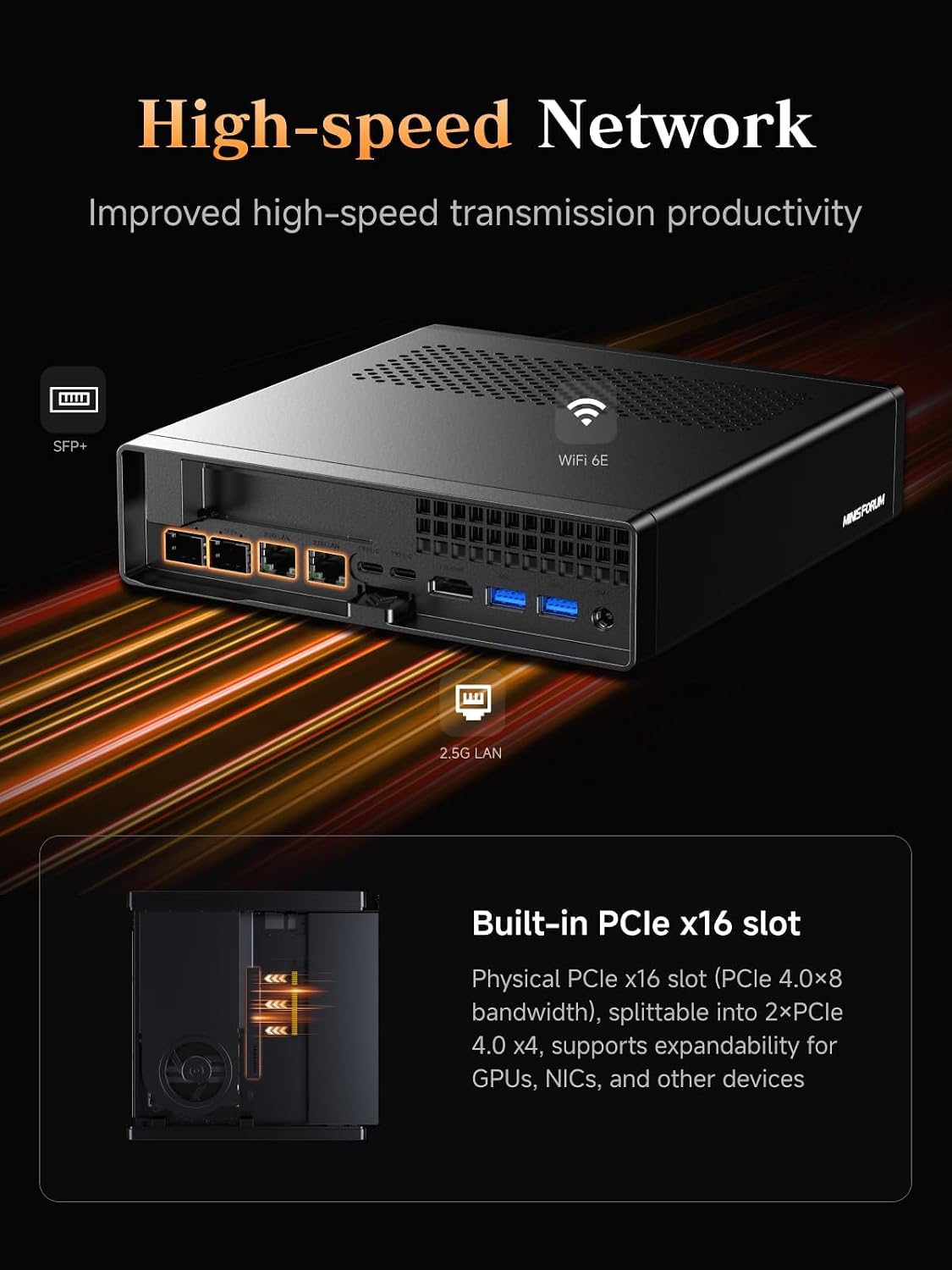 MINISFORUM AMD Ryzen 9 8945HX MS-A2 Mini PC (16C/32T, up to 5.4GHz), 32GB DDR5 2TB SSD, PCIe×16, HDMI/2x USB-C (8K@60Hz), 2X SFP+ 10G, 2X 2.5G LAN, 3X SSD M.2 (2280/22110/U.2)