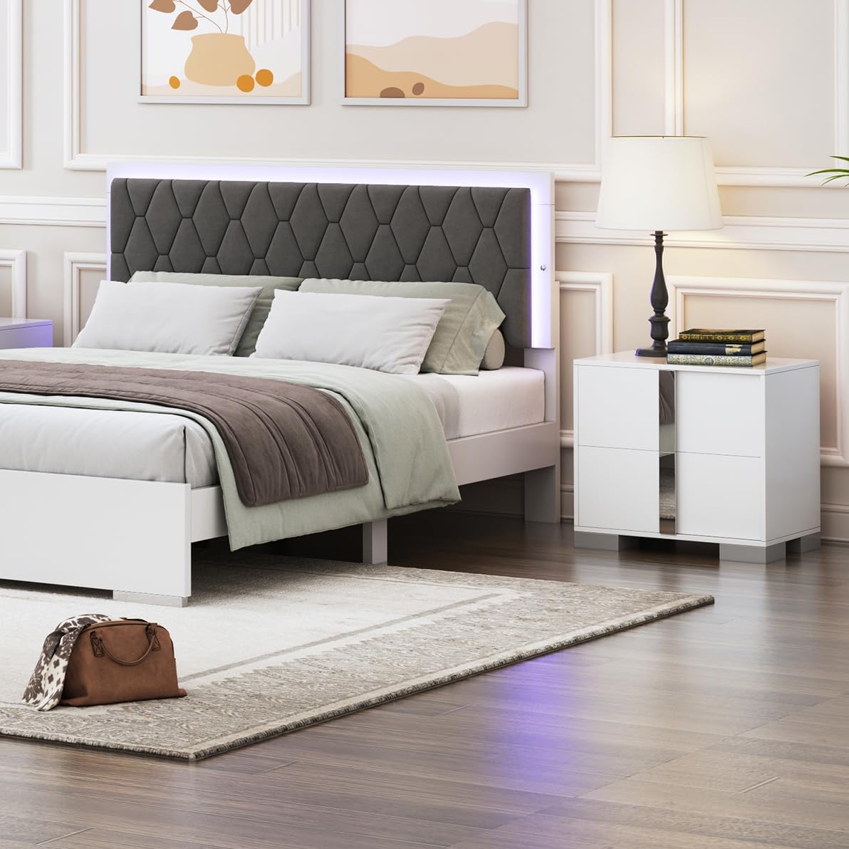 Henf Modern White Nightstand Set of 2 for Bedroom, Elegant 2 Drawer Nightstand with Silver Mirrored Handle and Base, Wood End Table Sofa Side Table for Small Place Living Room Bedroom (White)