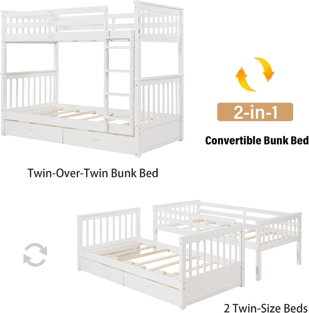 Merax Wood Bunk Bed with Drawers,Convertible Bunk Bed with Ladders and Two Storage Drawers,Solid Wood Detachable Bed Frame with Ladders,Twin Over Twin Size,White