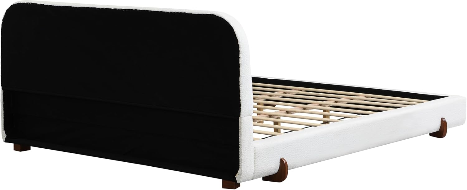 Curve-Shaped Upholstered Platform Bed with Curved Shaped Headboard, King Size Wood Bed Frame with Unique Design Legs for Bedroom Furniture, Chenille Thick Fabric Grounded Bed (White, California King)
