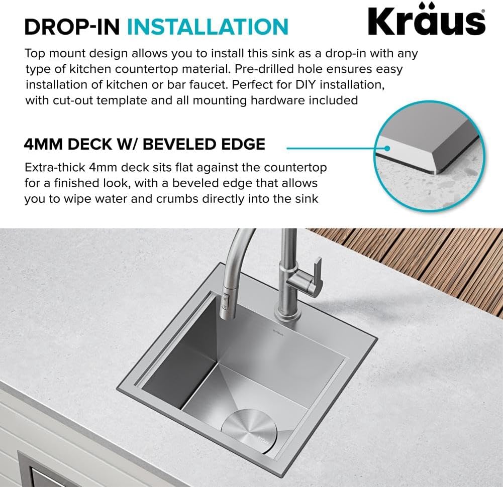 KRAUS Kore 15-Inch Drop In/Top Mount Workstation 16 Gauge Single Bowl Stainless Steel Bar Kitchen Sinks with Accessories