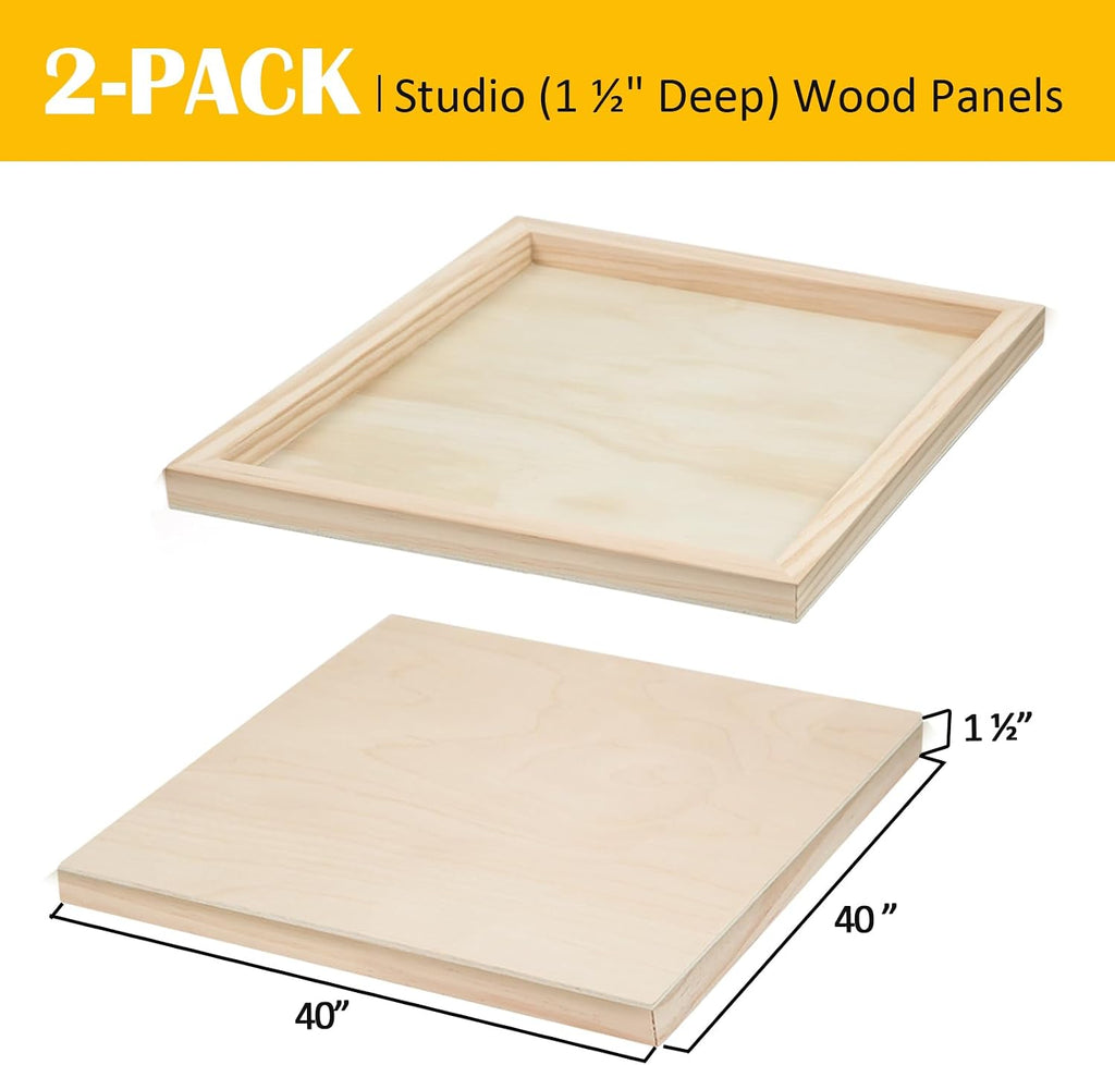 2 Pack Unfinished Wooden Canvas Panels, 40x40 Gallery Birch Wood Panels Kit, 1 1/2' Deep Art Cradle Boards for Acrylic Painting, Pouring and Burning