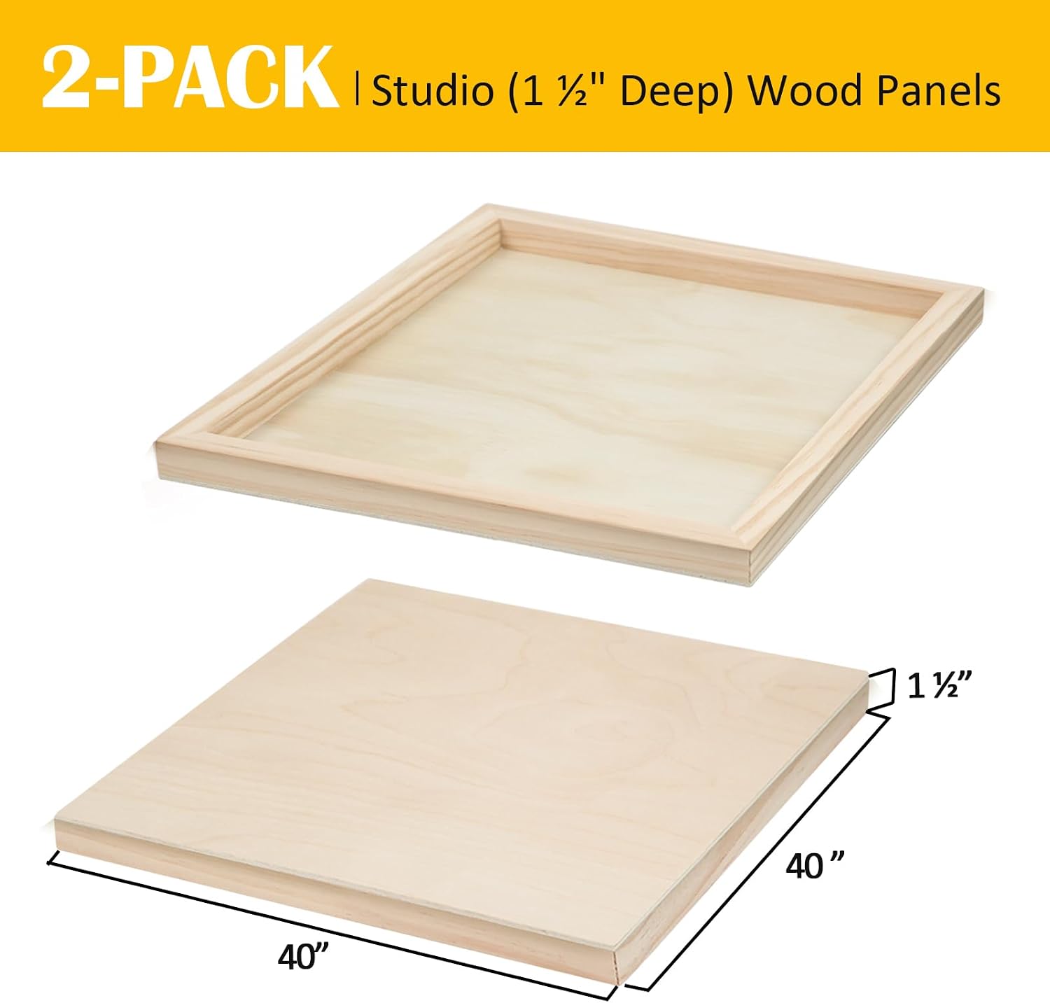 2 Pack Unfinished Wooden Canvas Panels, 40x40 Gallery Birch Wood Panels Kit, 1 1/2' Deep Art Cradle Boards for Acrylic Painting, Pouring and Burning