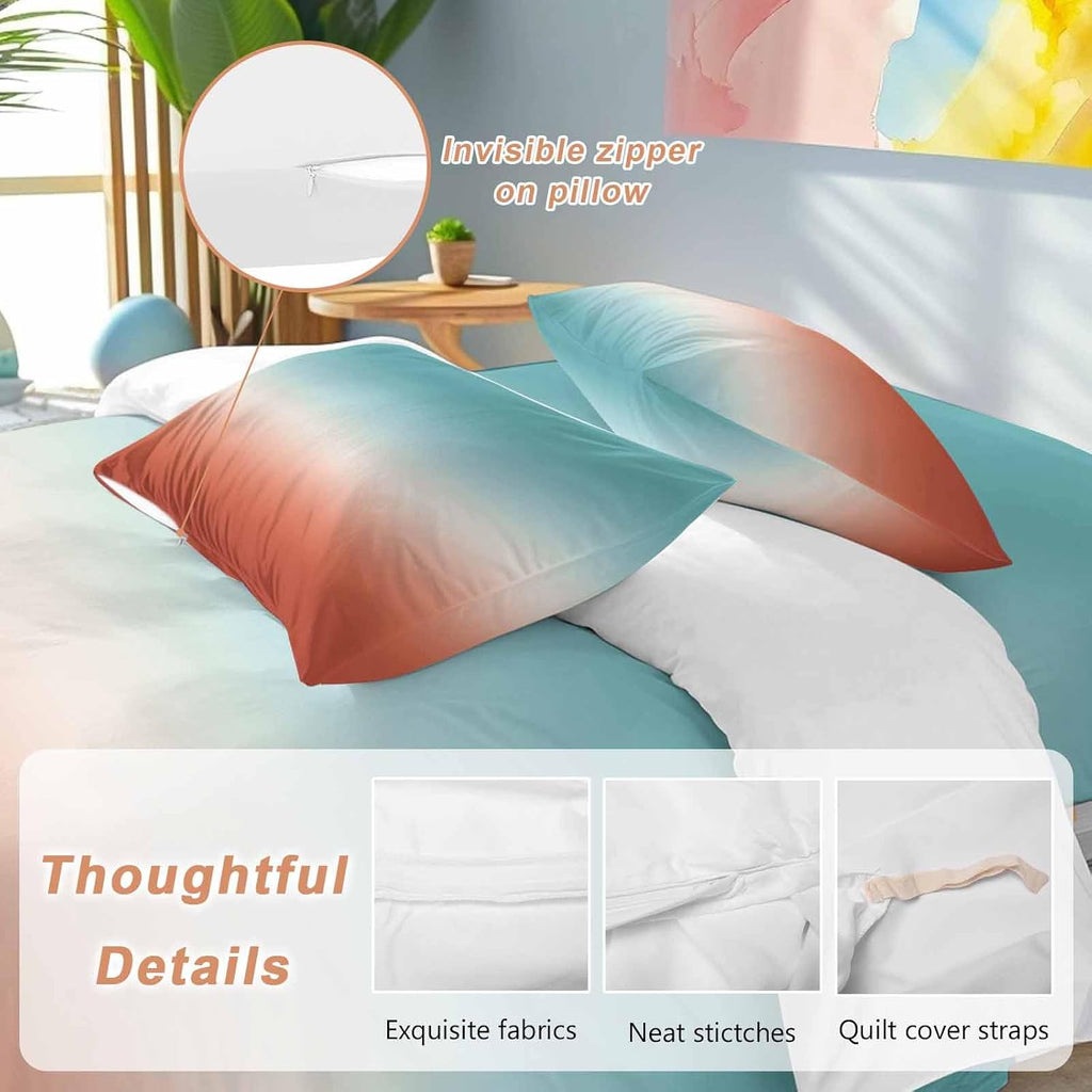 Gradient Orange Duvet Cover Set Queen Size 4 Pieces Modern Minimalist Green Orange Red Ocean Beach Bedding Set with Zipper Closure, 1 Comforter Cover 90x92 Inches 1 Flat Sheet & 2 Pillow Cases