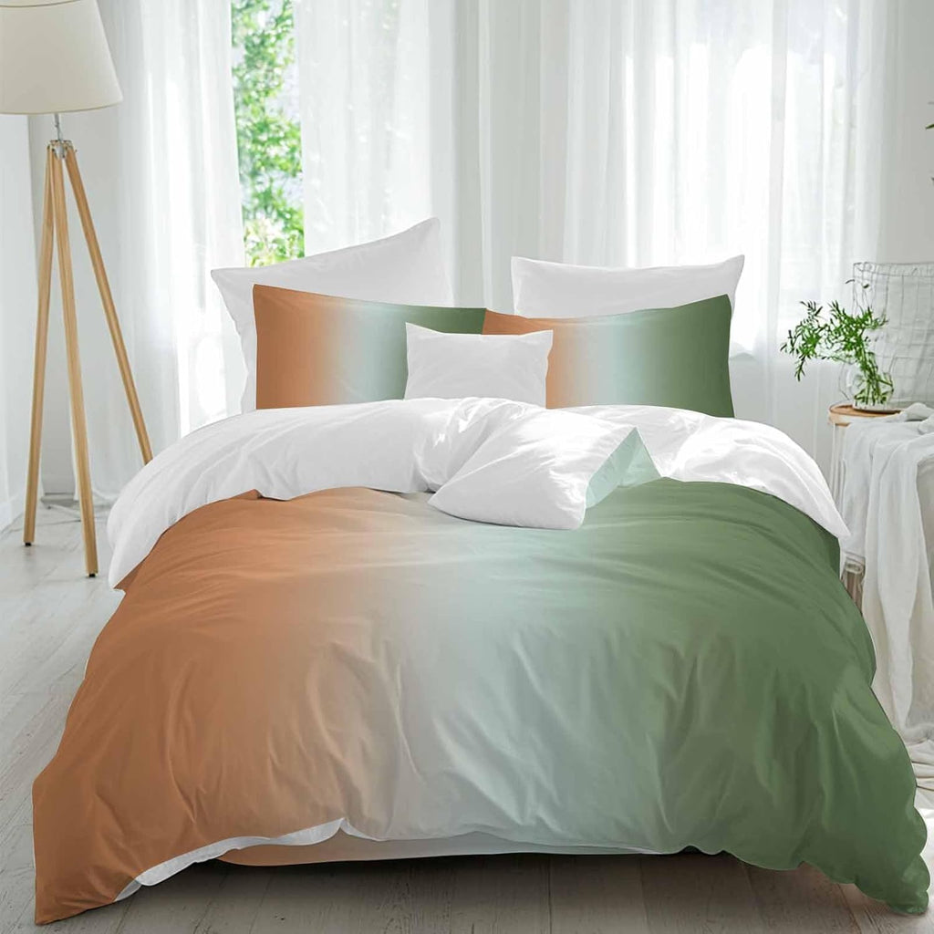 Gradient Sage Green Duvet Cover Set Queen Size 4 Pieces Modern Minimalist Orange Green Ocean Beach Bedding Set with Zipper Closure, 1 Comforter Cover 86x86 Inches 1 Flat Sheet & 2 Pillow Cases