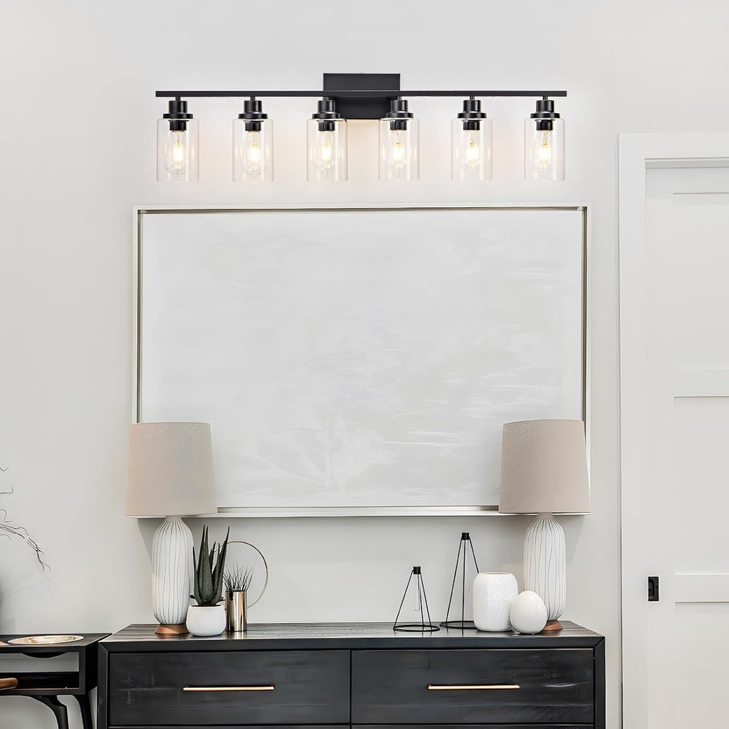 6 Light Bathroom Light Fixtures Black Vanity Light Over Mirror Modern Farmhouse Wall Lighting Sconces Wall Lamp for Bathroom, Bedroom, Living Room E26 Socket with Glass Shade