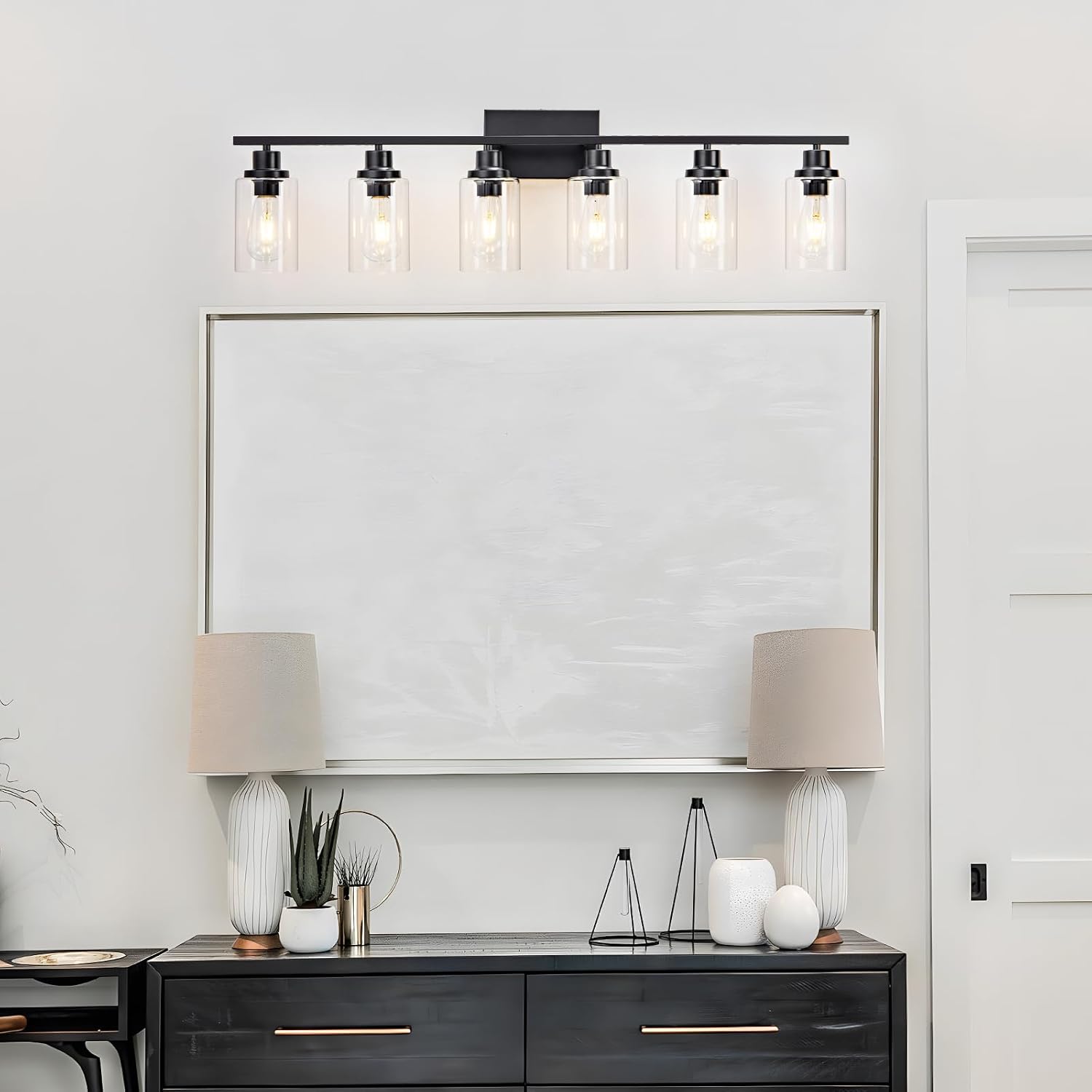6 Light Bathroom Light Fixtures Black Vanity Light Over Mirror Modern Farmhouse Wall Lighting Sconces Wall Lamp for Bathroom, Bedroom, Living Room E26 Socket with Glass Shade