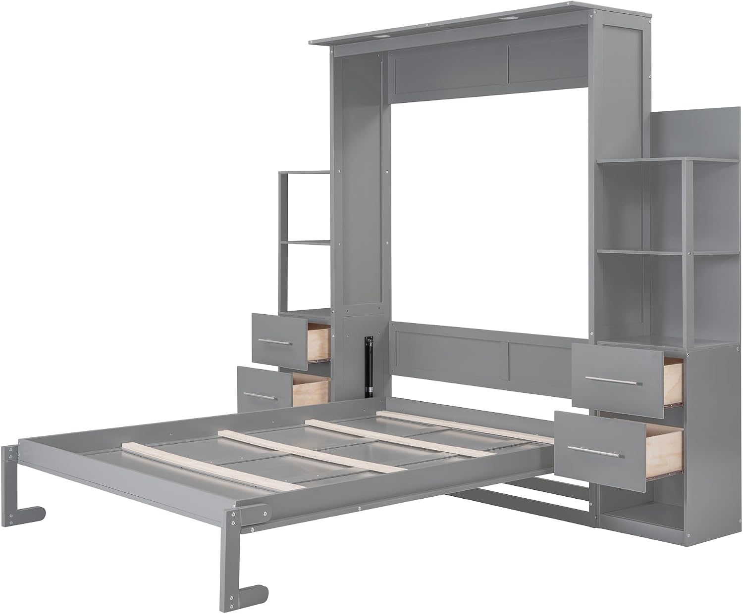 MERITLINE Full Murphy Bed with Storage Drawers,LED Lights and Storage Bookcase Shelves,Wood Murphy Wall Bed Cabinet with LED for Adults