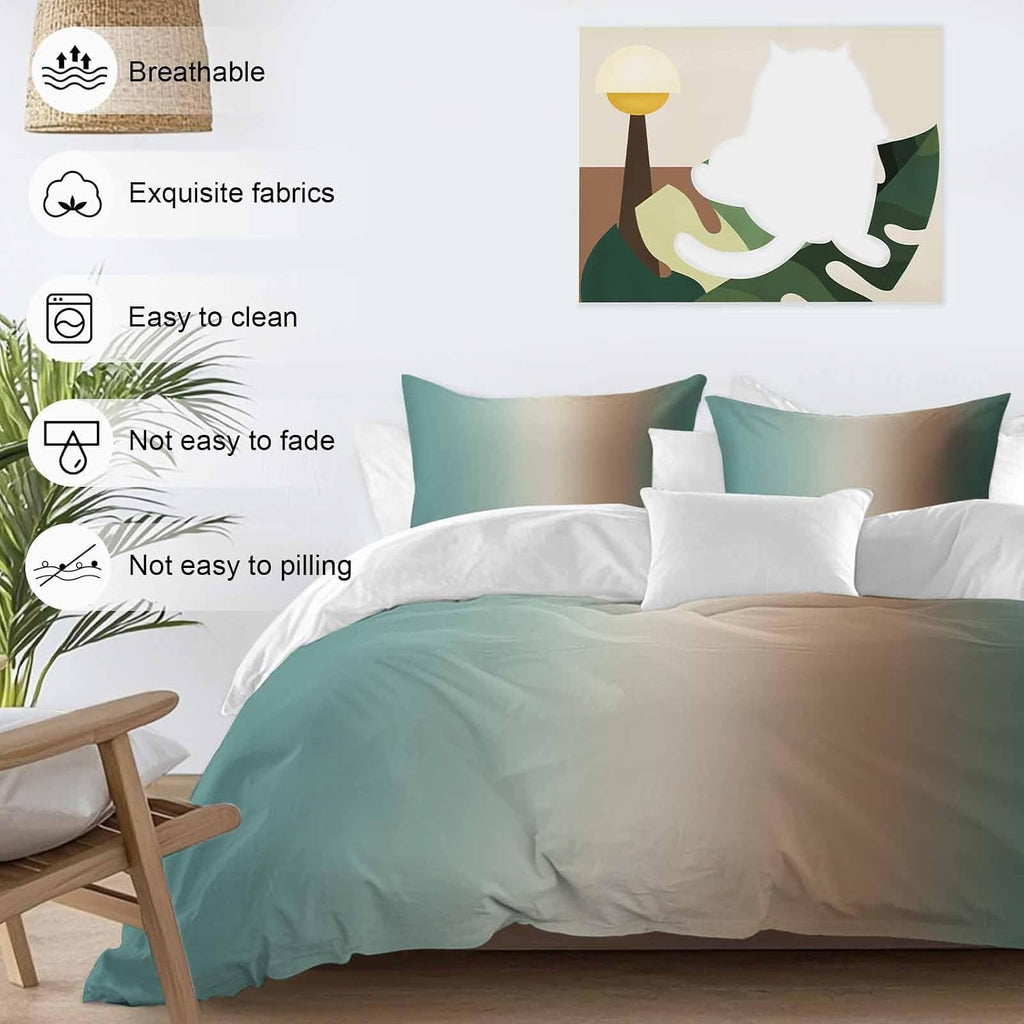 Prime Leader Gradient Green Duvet Cover Set Queen Size 4 Pieces Modern Minimalist Brown Green Ocean Beach Bedding Set with Zipper Closure, 1 Comforter Cover 90x92 Inches 1 Flat Sheet & 2 Pillow Cases