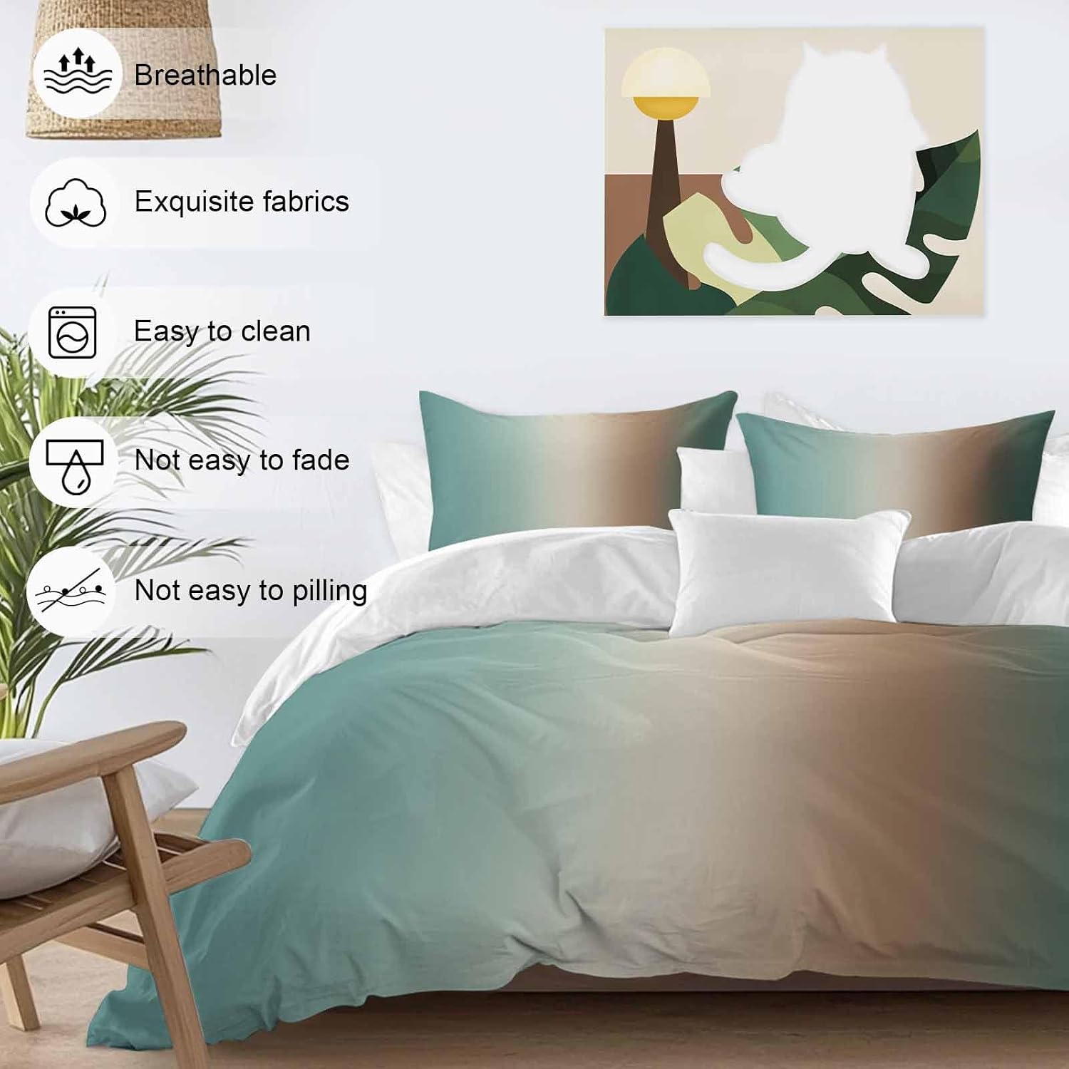 Gradient Green Duvet Cover Set Queen Size 4 Pieces Modern Minimalist Brown Green Ocean Beach Bedding Set with Zipper Closure, 1 Comforter Cover 92x106 Inches 1 Flat Sheet & 2 Pillow Cases