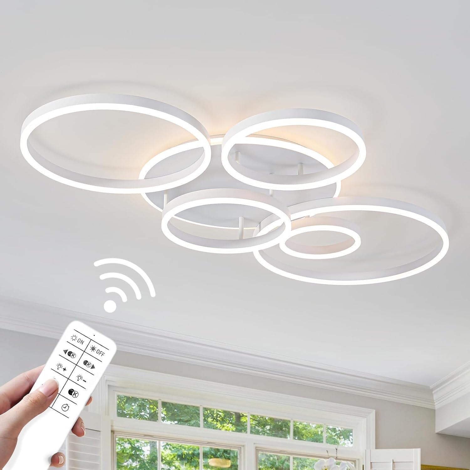 O'NEELDY Modern LED Ceiling Light White Flush Mount Ceiling Lights Fixtures Dimmable 47' Dining Room Light Fixture with Remote 6 Rings Kitchen Lighting Fixtures Ceiling Lamp for Bedroom,Living Room