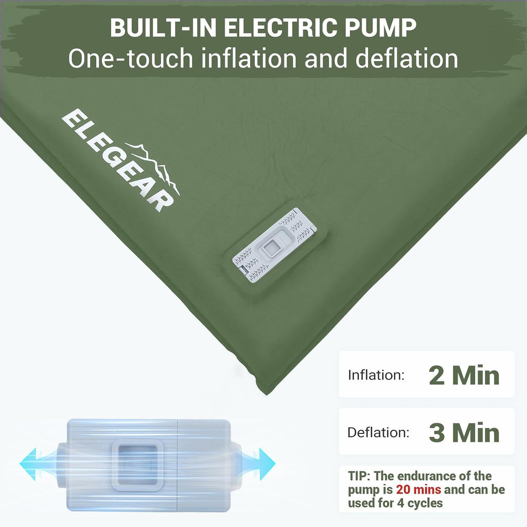 Elegear CumbreX™ Self Inflating Sleeping Pad, Built-in Electric Pump 3.15' Ultra-Thick Memory Foam Camping Mattress Pad with Pillow Double Sleeping Pad for Camping R-Value 9.5 Foam Camp Pad - Queen