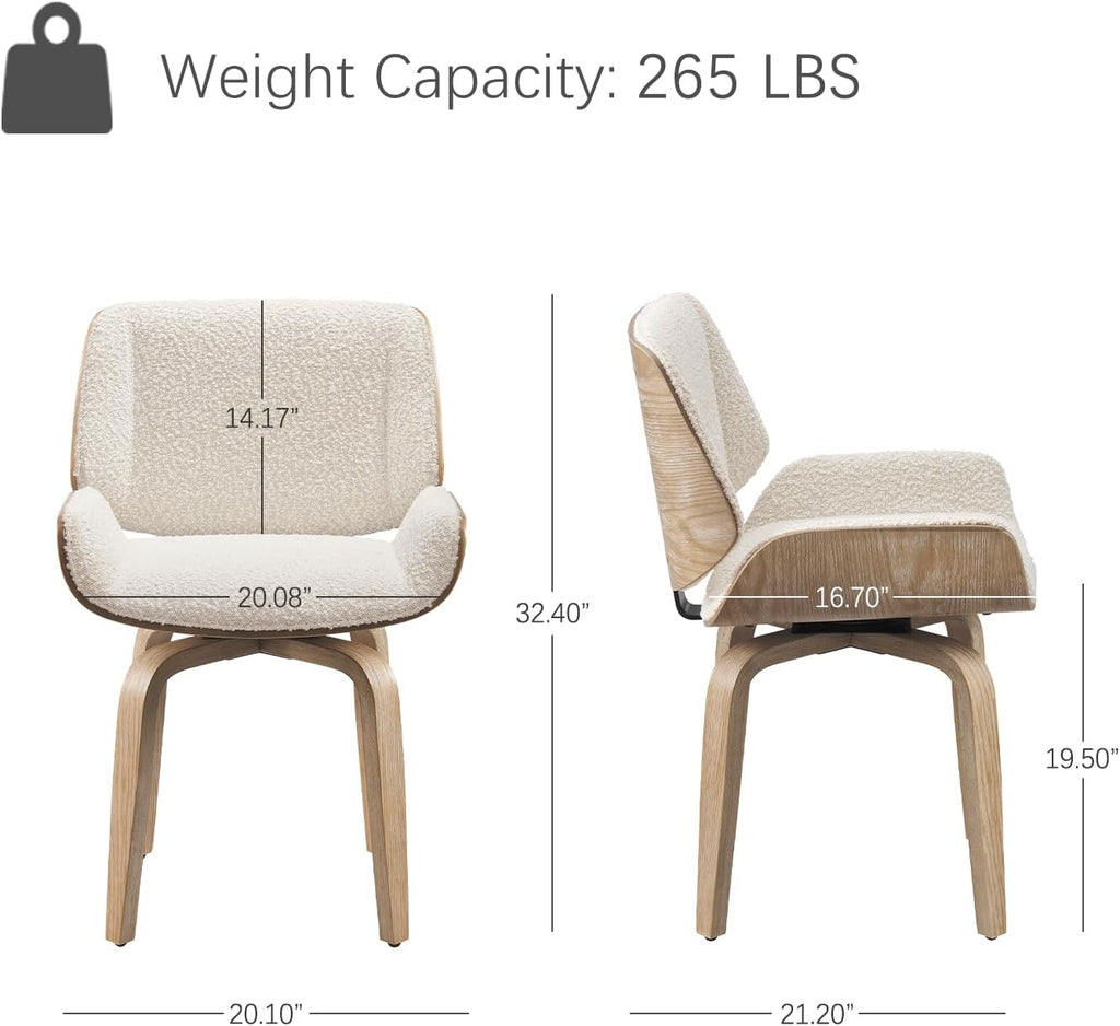 Zouron Swivel Dining Chair, Fabric Upholstered Dining Room Chair with Wood Legs, Mid Century Modern Armless Side Chair for Small Space Living Room Bedroom, 1 Pcs, Boucle Off White