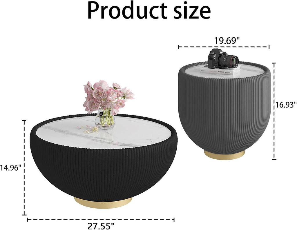 Round Living Room Table Set, 27.56' Black Drum Center Table and 19.69' Grey Coffee Table Set, 2 Pieces Coffee Table Set with Sintered Stone Tabletop, Fluted PU Leather Covered and Metal Base