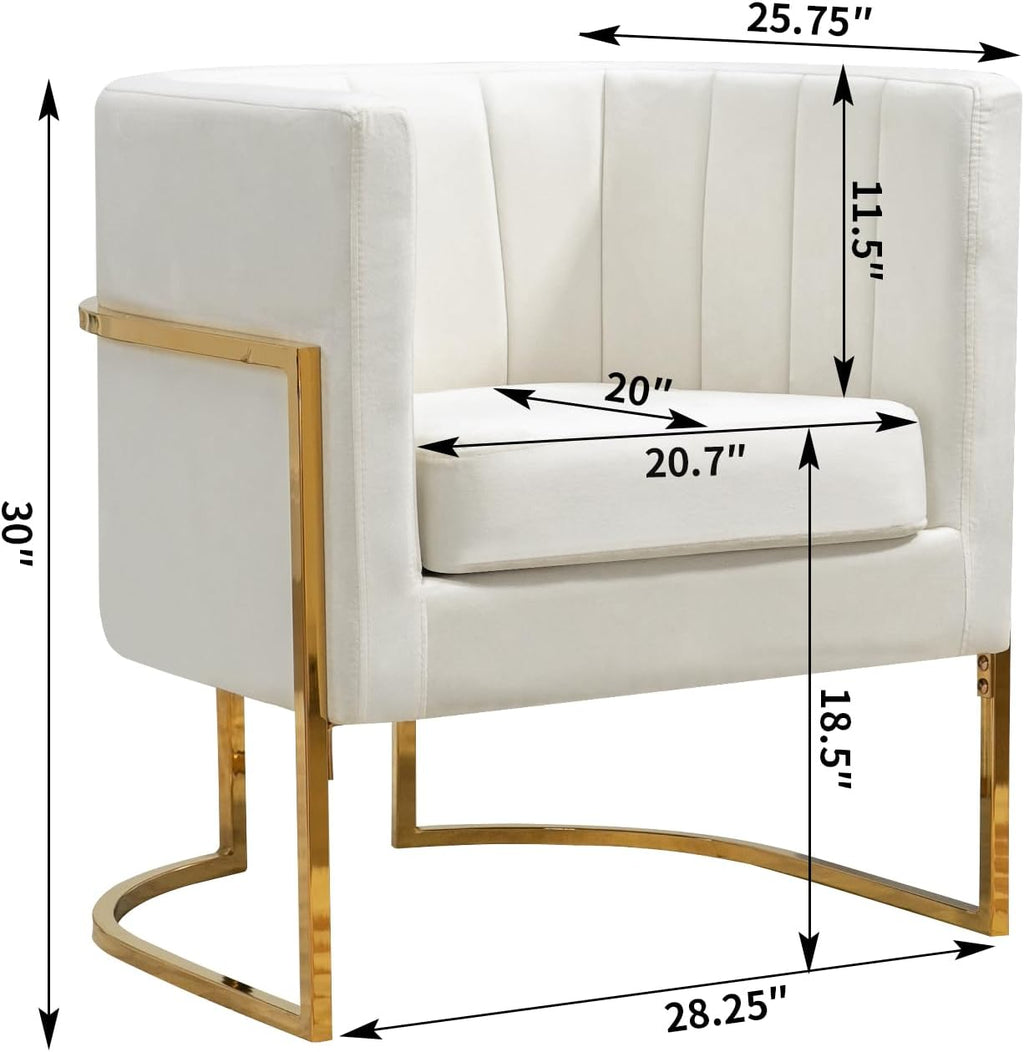 Velvet Modern Accent Chair, Upholstered Barrel Armchair Mid Century with Pillow for Living Room, Comfy Single Vanity Chair with Metal Gold Legs for Bedroom, White
