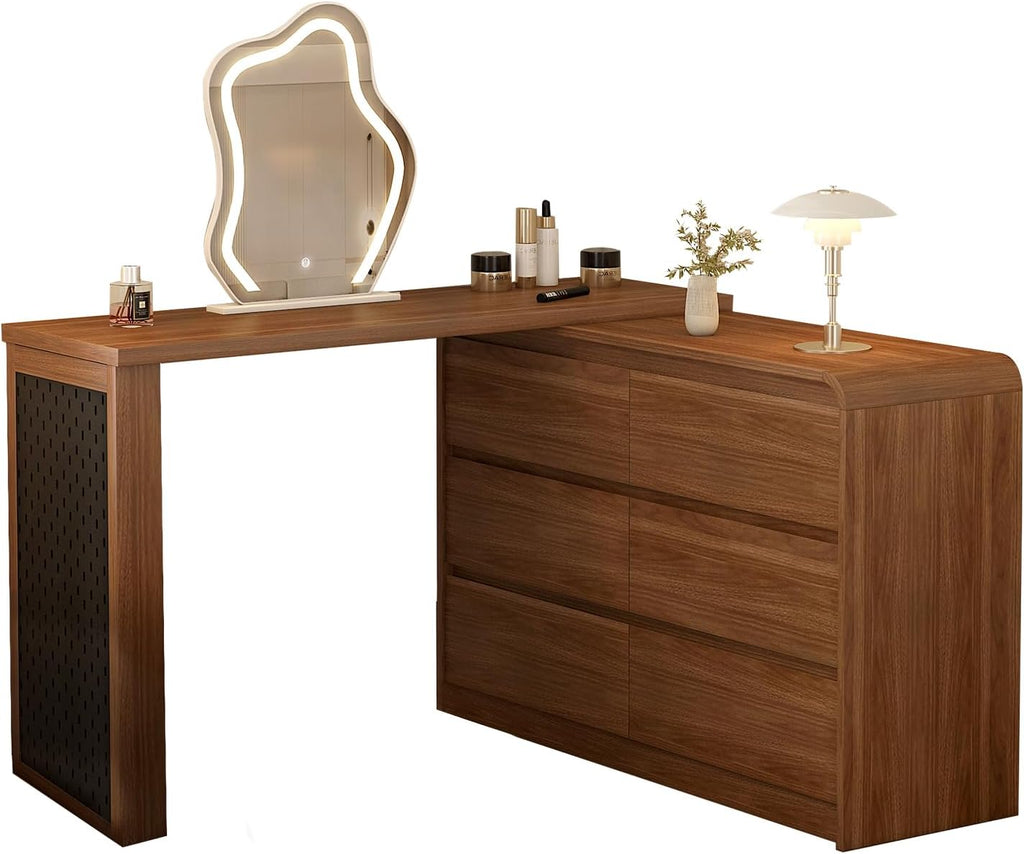Messenya Makeup Vanity Desk with Cloud Shape Touch Screen Mirror, 50-94 in Adjustable Vanity Table Set, Bedroom Elegant Dressing Table for Women with 6 Drawer Rounded Corners Storage Cabinet, Brown