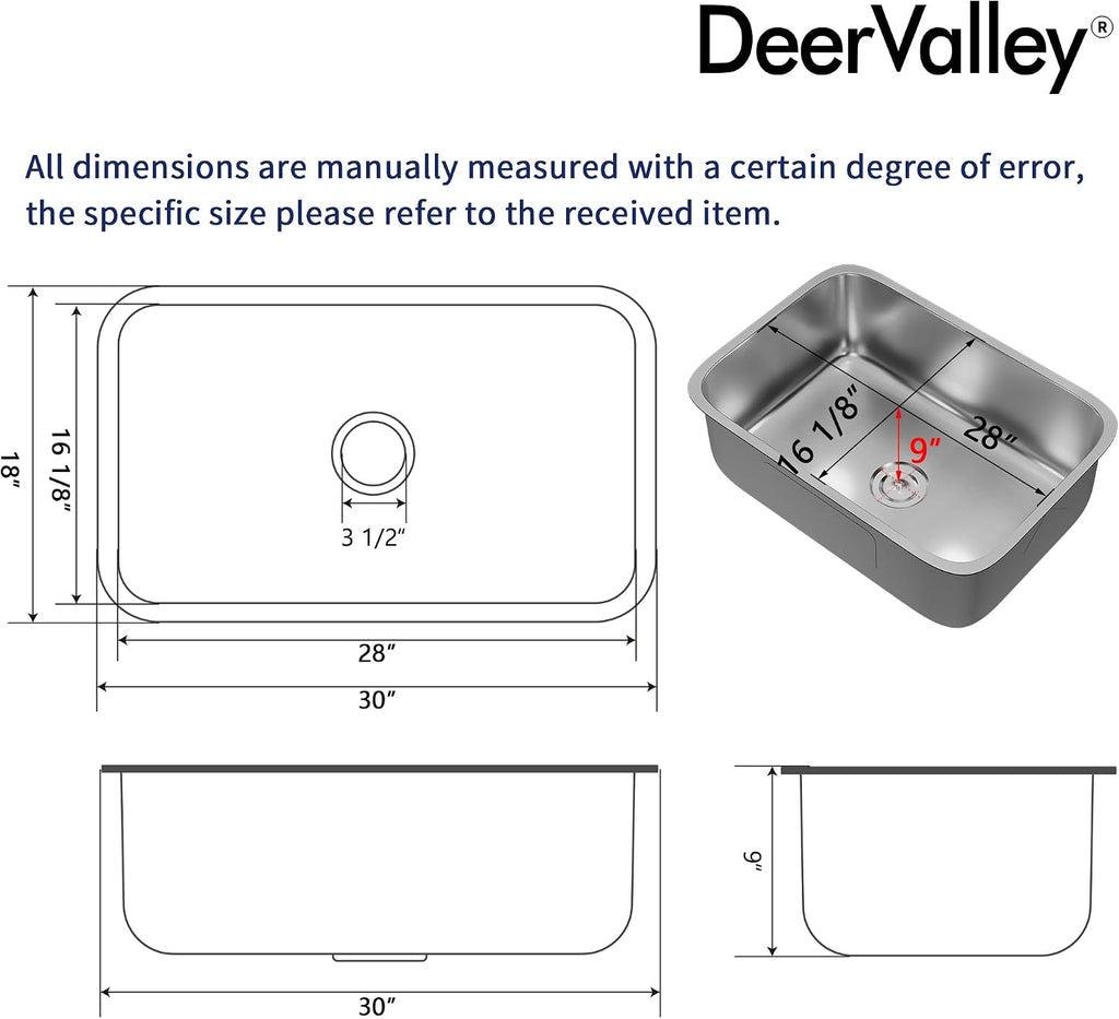 DeerValley 30 Inch Undermount Kitchen Sink 18 Gauge Stainless Steel Kitchen Sink Spacious Single Bowl Sinks with Basket Strainer Curved Shape Round Corner Deep Sinks for Modern Kitchens