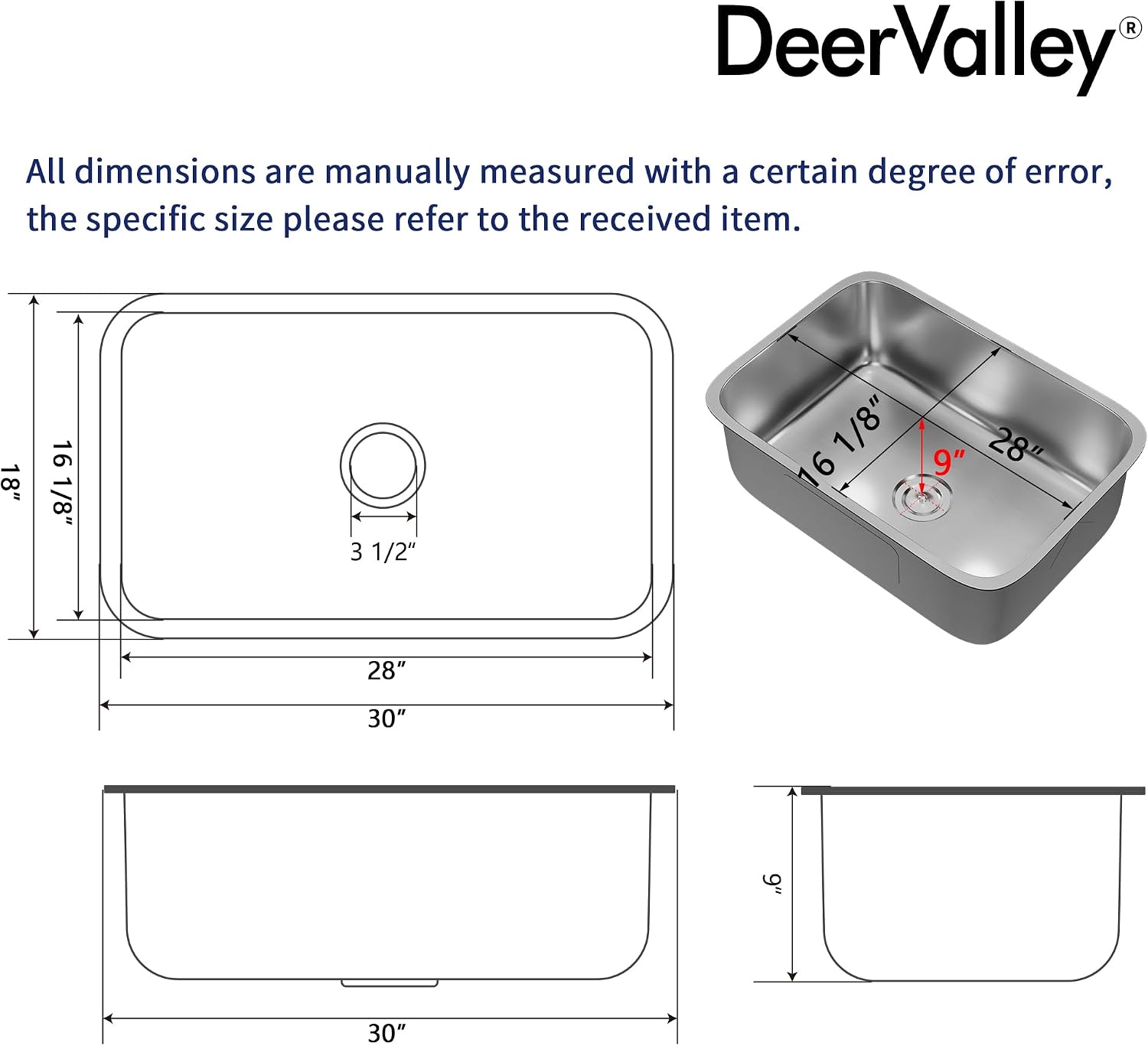 DeerValley 30 Inch Undermount Kitchen Sink 18 Gauge Stainless Steel Kitchen Sink Spacious Single Bowl Sinks with Basket Strainer Curved Shape Round Corner Deep Sinks for Modern Kitchens