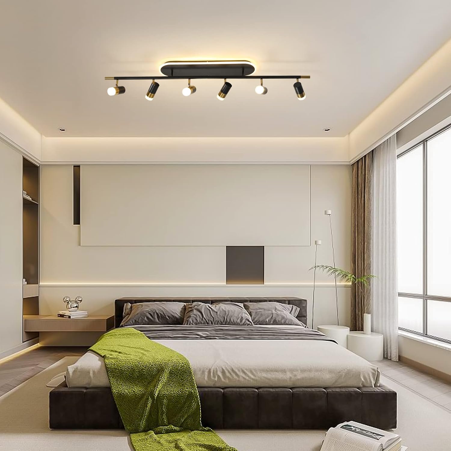 Jaycomey Modern LED Ceiling Lights, Dimmable 6-Light Flush Mount Ceiling Lamp Fixture with Remote, 51'' Black and Gold Directional Ceiling Ligting for Hallway Kitchen Bedroom Entry (60W/3600 Lumens)