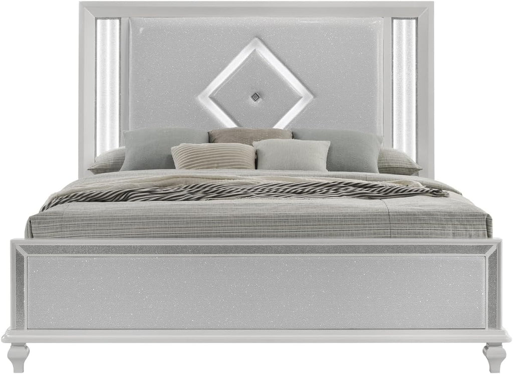 HomeStock White Bed Frame with Lights - Modern Bedroom Furniture - Headboard & Footboard California King