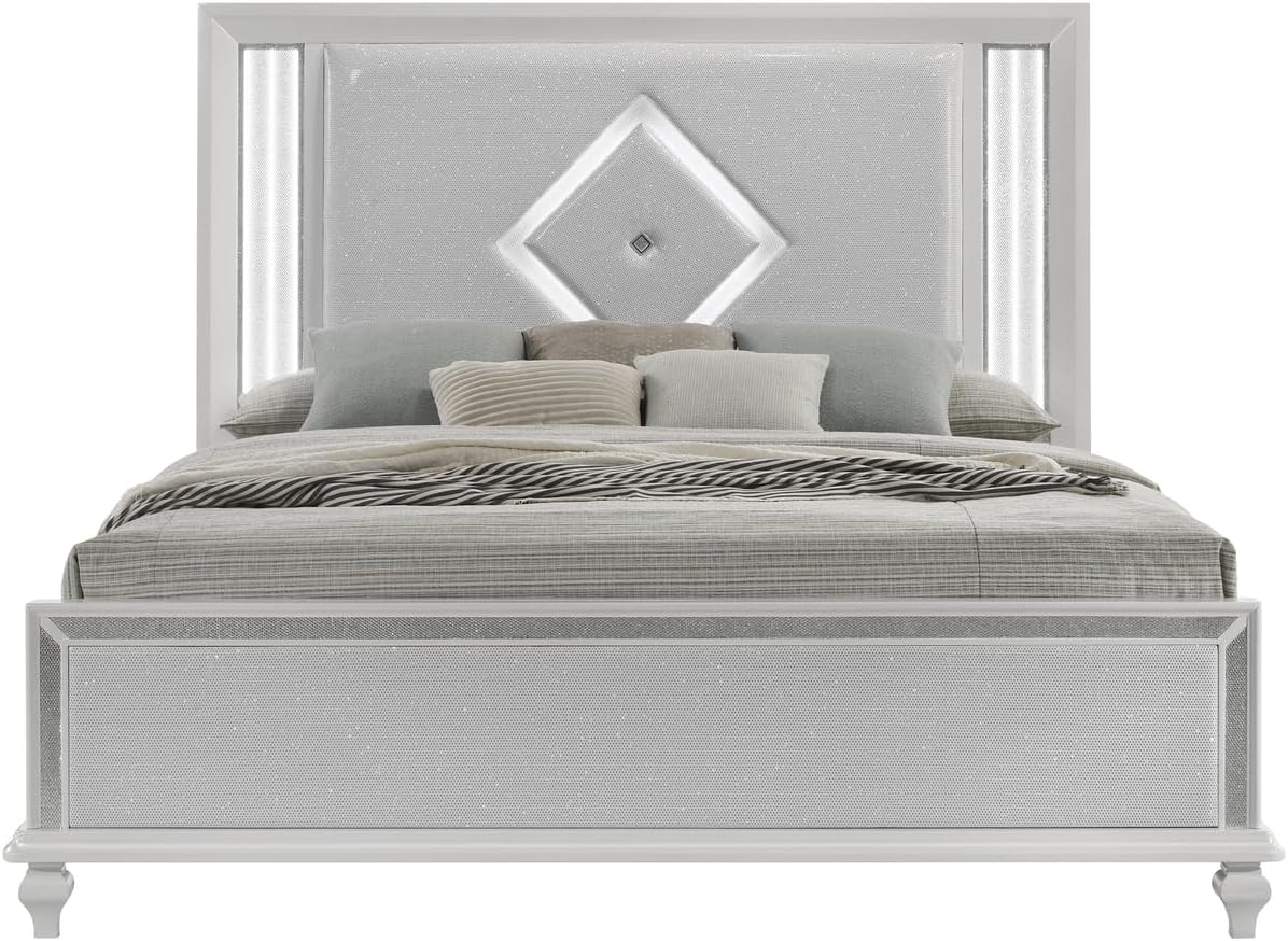 HomeStock White Bed Frame with Lights - Modern Bedroom Furniture - Headboard & Footboard California King
