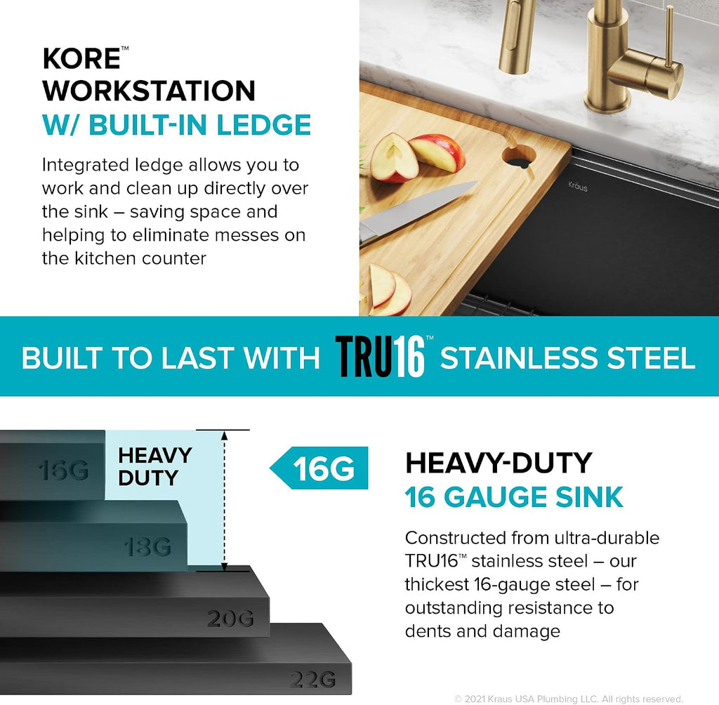 KRAUS Kore Workstation 27-inch Farmhouse Apron Front 16 Gauge Black Stainless Steel Single Bowl Kitchen Sink in PVD Gunmetal Finish with Accessories, KWF210-27-PGM
