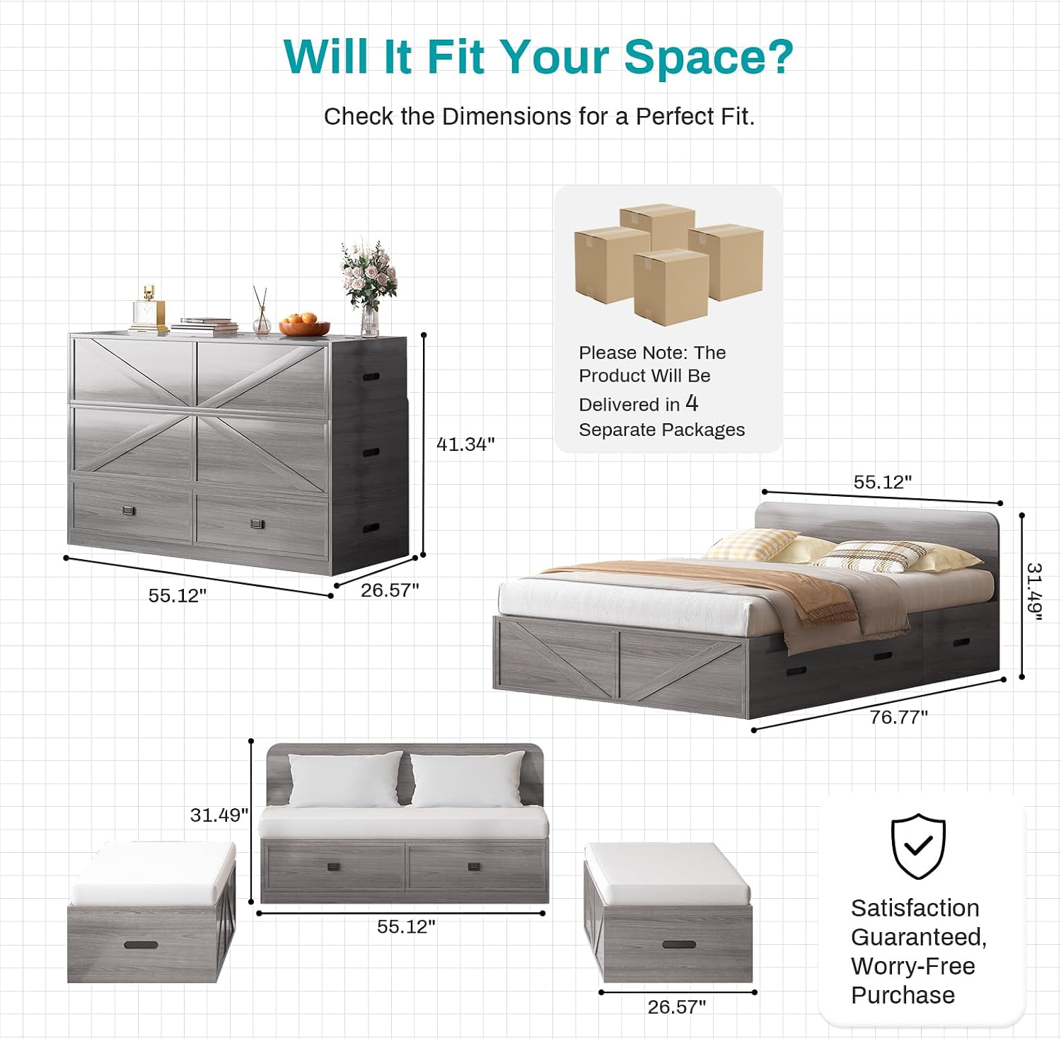 BALUS Murphy Cabinet Bed with Memory Foam Mattress Included, Full Size Cube Cabinet Bed with 2 Storage Drawers, 3-in-1 Convertible Sofa Furniture Sets for Guest Room Apartment Living Room, Grey