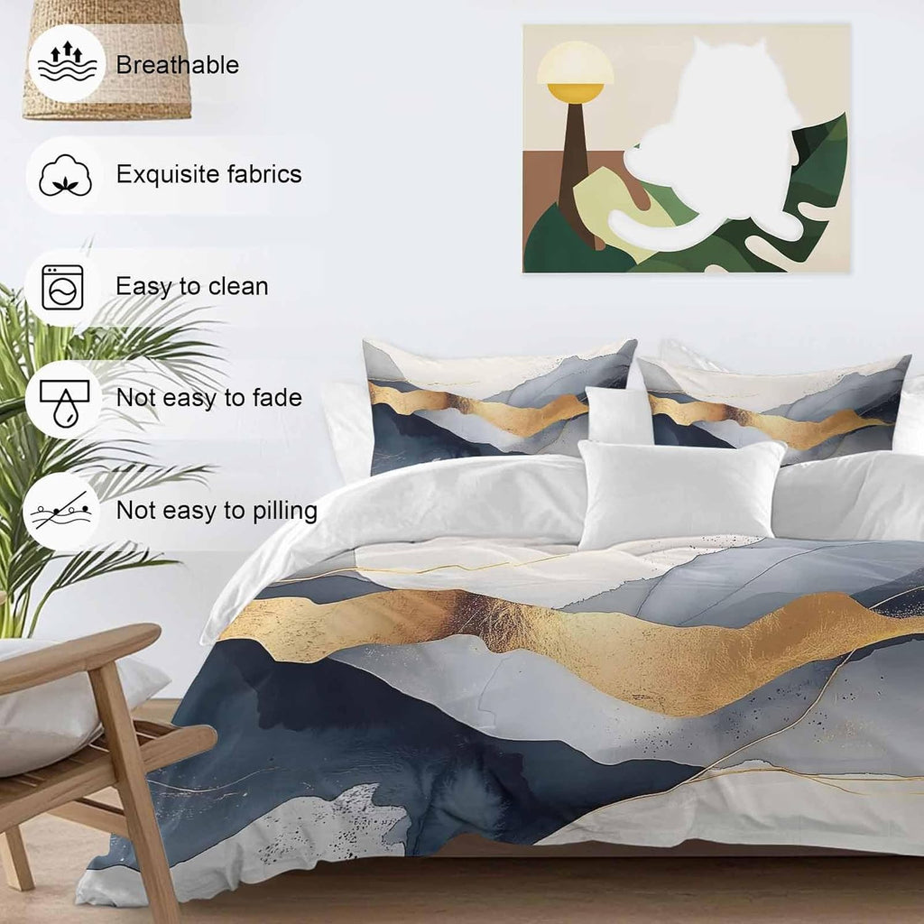 Prime Leader Abstract Duvet Cover Set Queen Size 4 Pieces Modern Gold Blue Grey Geometric Minimalist Bedding Set with Zipper Closure, 1 Comforter Cover 86x86 Inches 1 Flat Sheet & 2 Pillow Cases