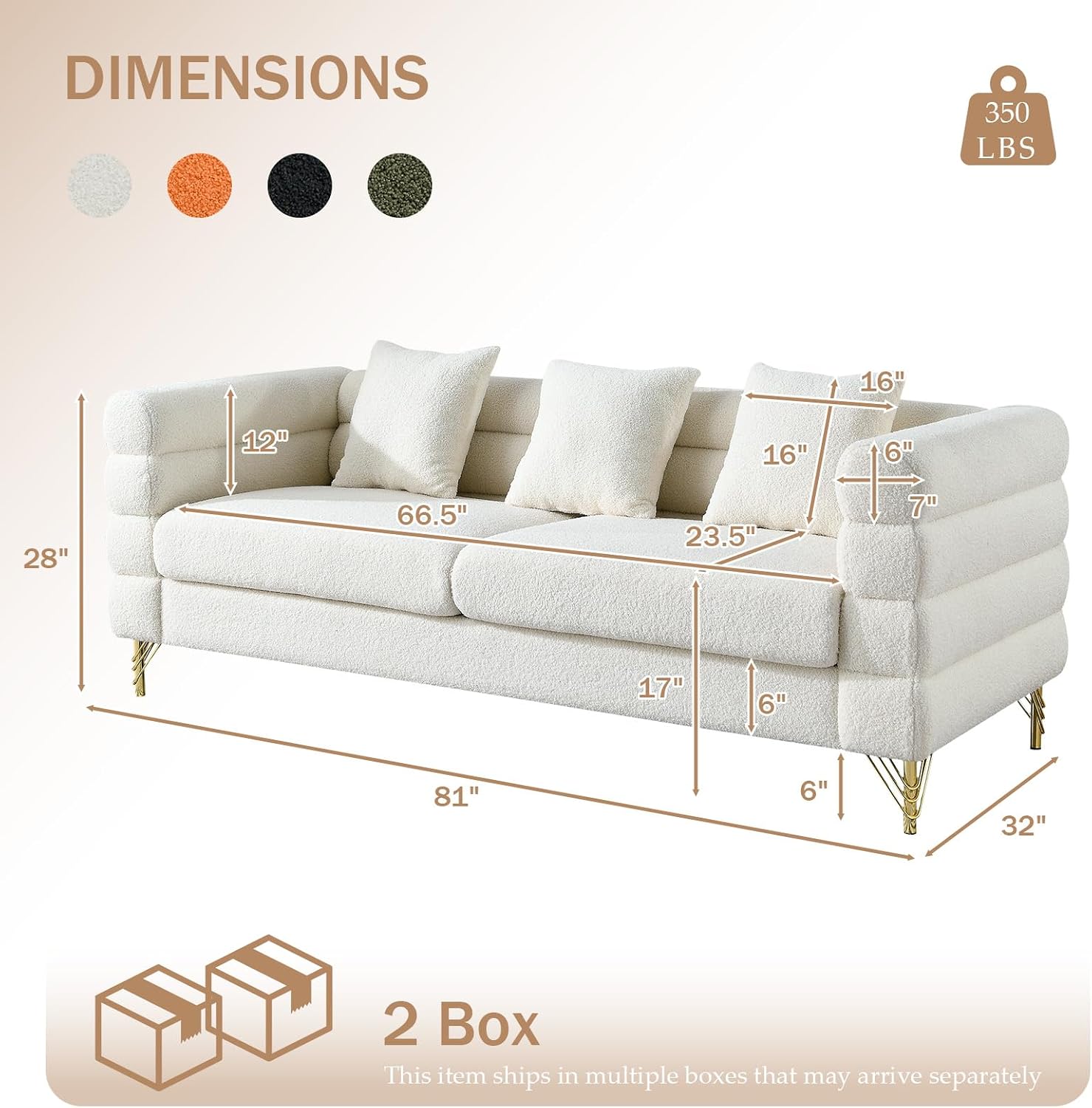 Loveseat Modern Sofa, 2-Pieces 81' Teddy Boucle Comfy Cloud Couch Upholstered Deep 6 Seater Sherpa Couch Set with Stylish Metal Legs for Living Room Home Office Bedroom Apartment, White