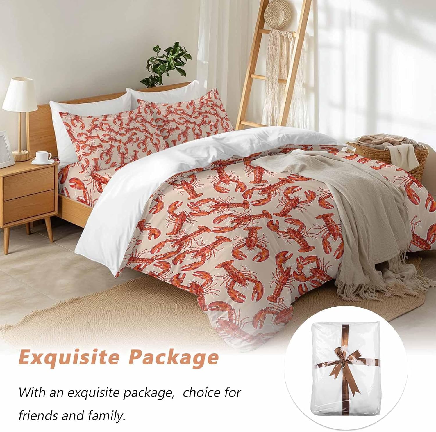 Red Lobster Duvet Cover Set Queen Size 4 Pieces Summer Crawfish Ocean Animal Minimalist Art Retro Bedding Set with Zipper Closure, 1 Comforter Cover 92x106 Inches 1 Flat Sheet & 2 Pillow Cases