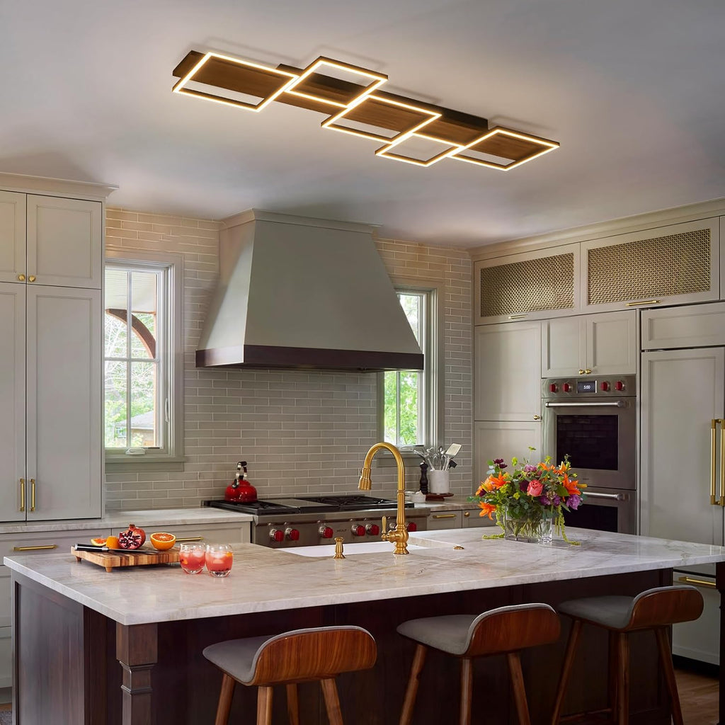 Lingkai 47.2' LED Modern Ceiling Lights Wooden Square Rectangular Lamp Fixture Wood,Large Modern Kitchen Ceiling Lighting Fixtures 3000K for Island Bedroom Living Room Hallways