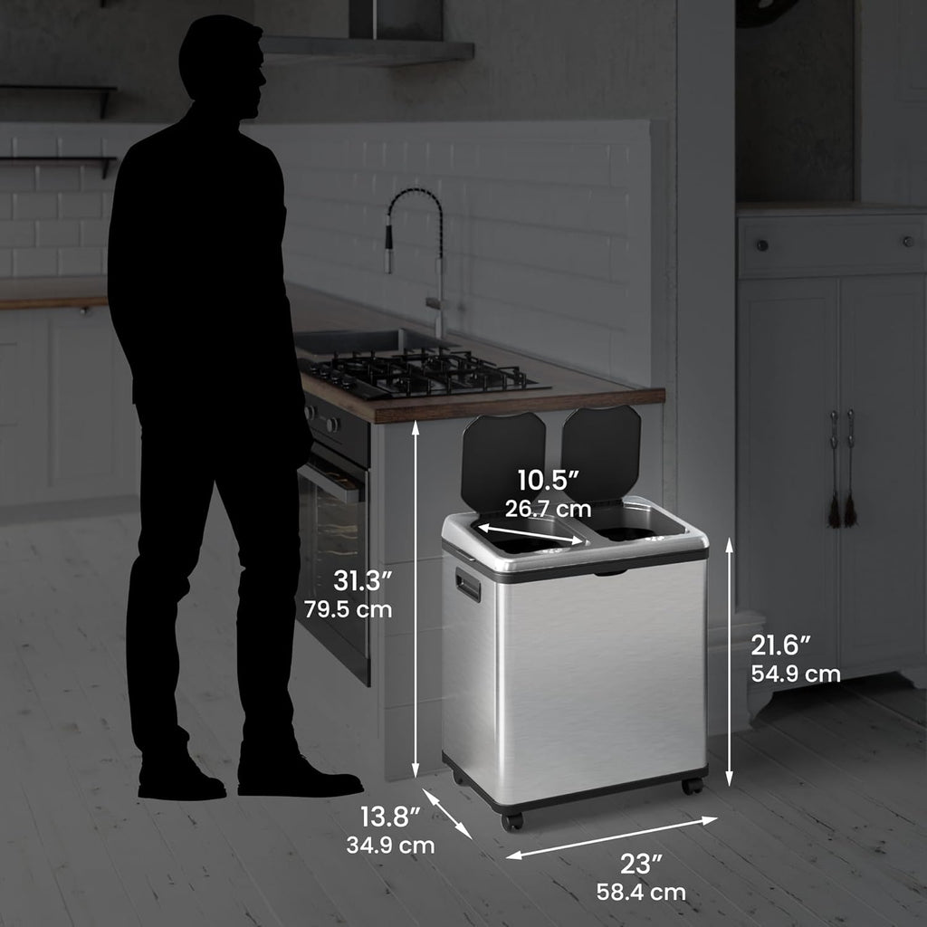 iTouchless 16 Gallon Touchless Sensor Kitchen Trash Can and Recycle Bin with Wheels, 61 Liter Stainless Steel Dual-Compartment (2 x 8 Gallon) Combo Recycling and Garbage Trashcan