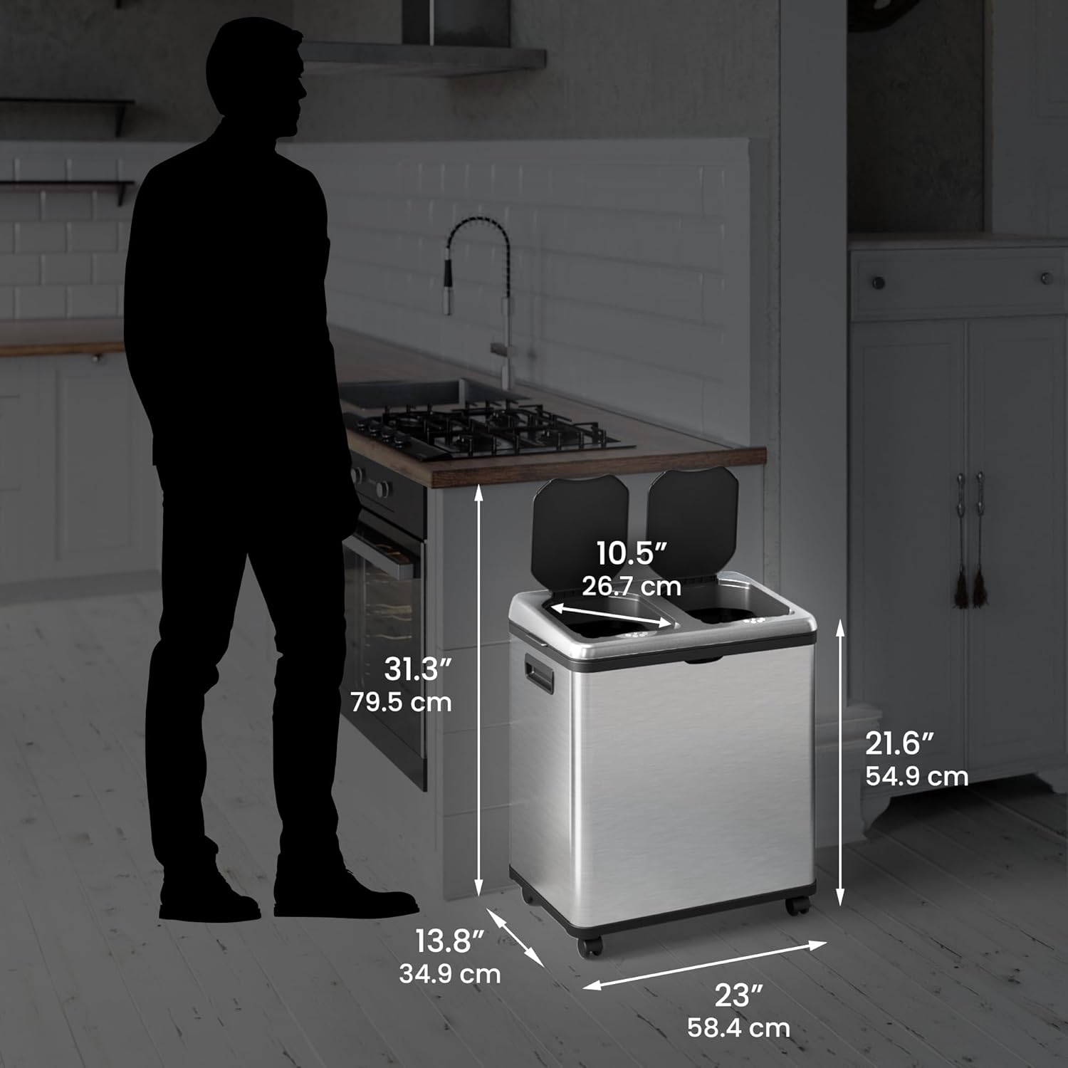 iTouchless 16 Gallon Touchless Sensor Kitchen Trash Can and Recycle Bin with Wheels, 61 Liter Stainless Steel Dual-Compartment (2 x 8 Gallon) Combo Recycling and Garbage Trashcan