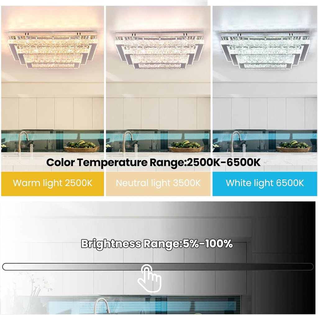 Finktonglan Modern Crystal LED Ceiling Light Fixtures 20' Dimmable Rectangular Flush Mount Chandelier Ceiling Lights 3-Tiers Stainless Steel Ceiling Lamp Fixtures for Living Room Bedroom Dining Room