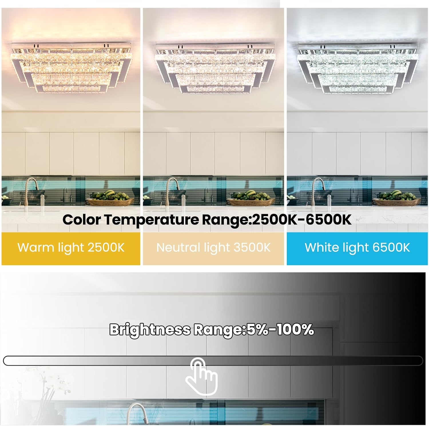 Finktonglan Modern Crystal LED Ceiling Light Fixtures 20' Dimmable Rectangular Flush Mount Chandelier Ceiling Lights 3-Tiers Stainless Steel Ceiling Lamp Fixtures for Living Room Bedroom Dining Room