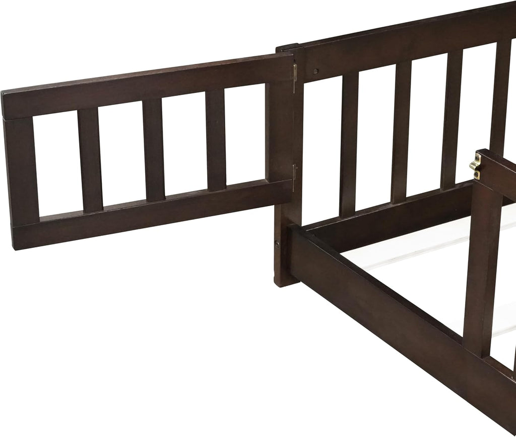 PVWIIK Full Size Floor Bed with Fence and Door,Easy to Assemble Wood Bedstead,Platform Bed w/Safety Guardrails/Near the Ground,Espresso
