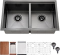 32 Inch Black Undermount Kitchen Sink Double Bowl - 32x19 Undermount Workstation Sink 16 Gauge Black Stainless Steel 10 Inch Deep Double Bowl Kitchen Sinks