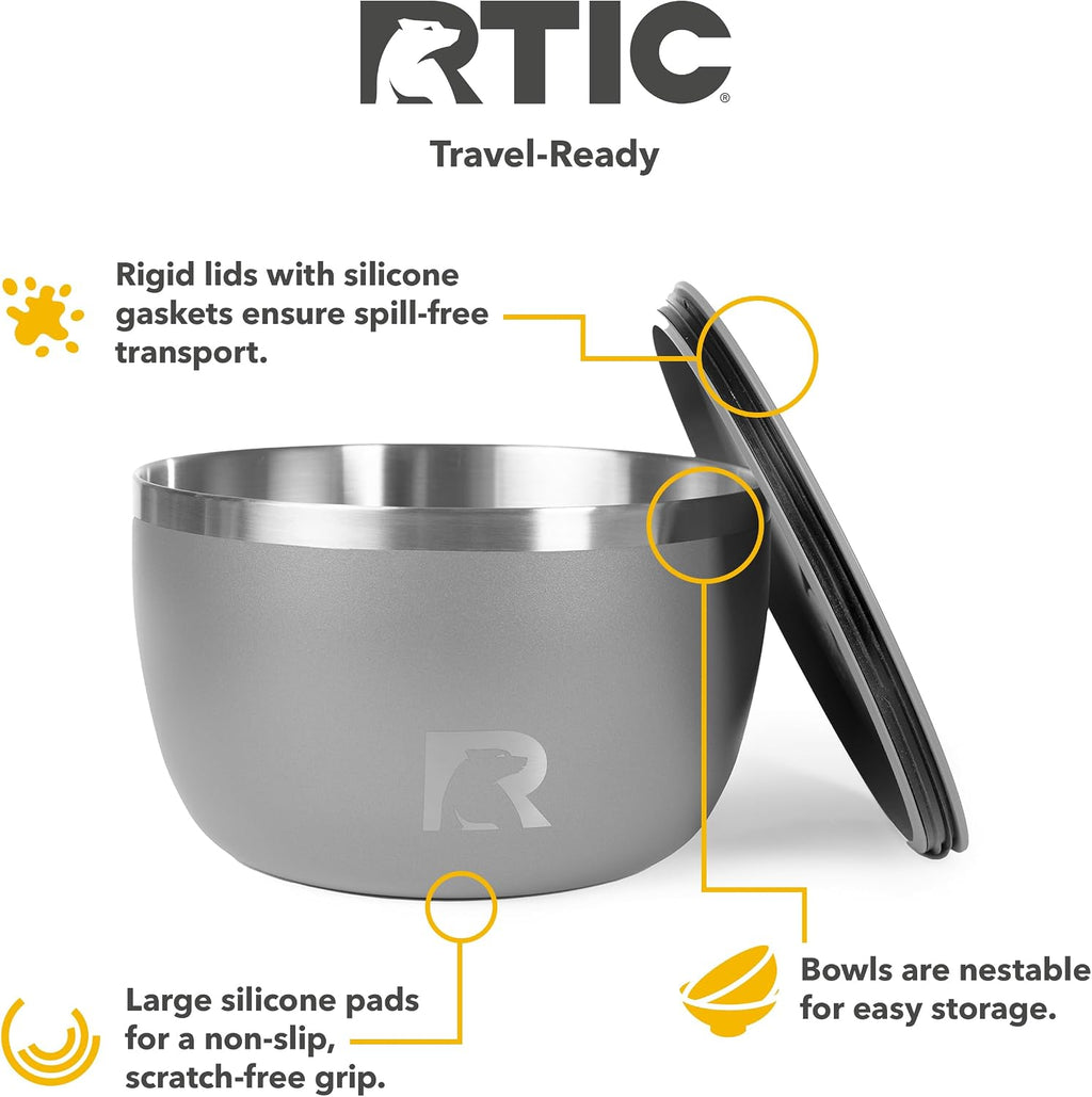 RTIC Anywhere Stainless Steel Bowl Set Of Two, Camping Bowls With Lids, Vacuum Insulated, Stackable Durable Outdoor Dinnerware, Non Slip, Dishwasher Safe, Dinner Outside, Campfires Travel, Graphite