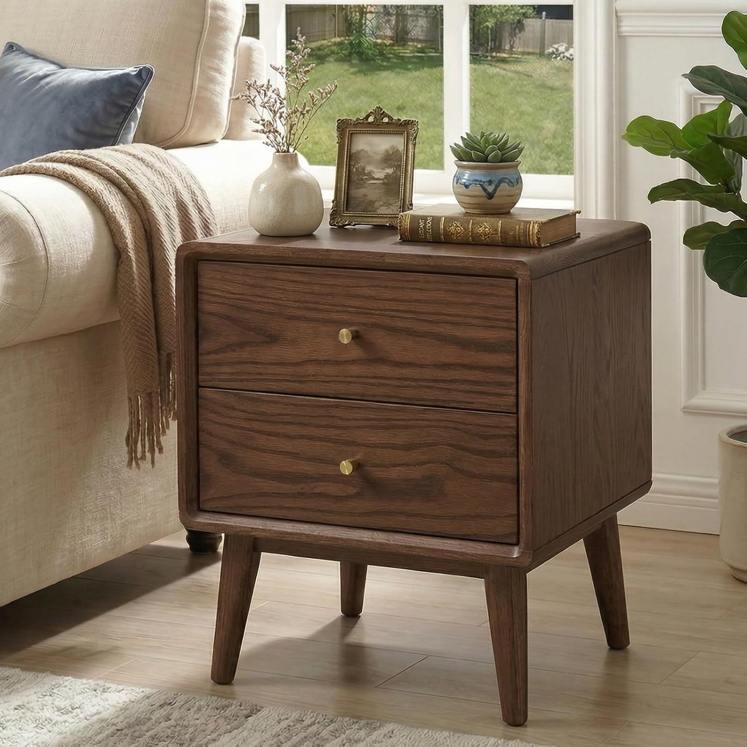 Solid Oak Wood Nightstand with 2 Drawers, Walnut Bedside Tables, Mid Century Modern Nightstand, Small Night Stand for Small Spaces for Bedroom(19.69' H)