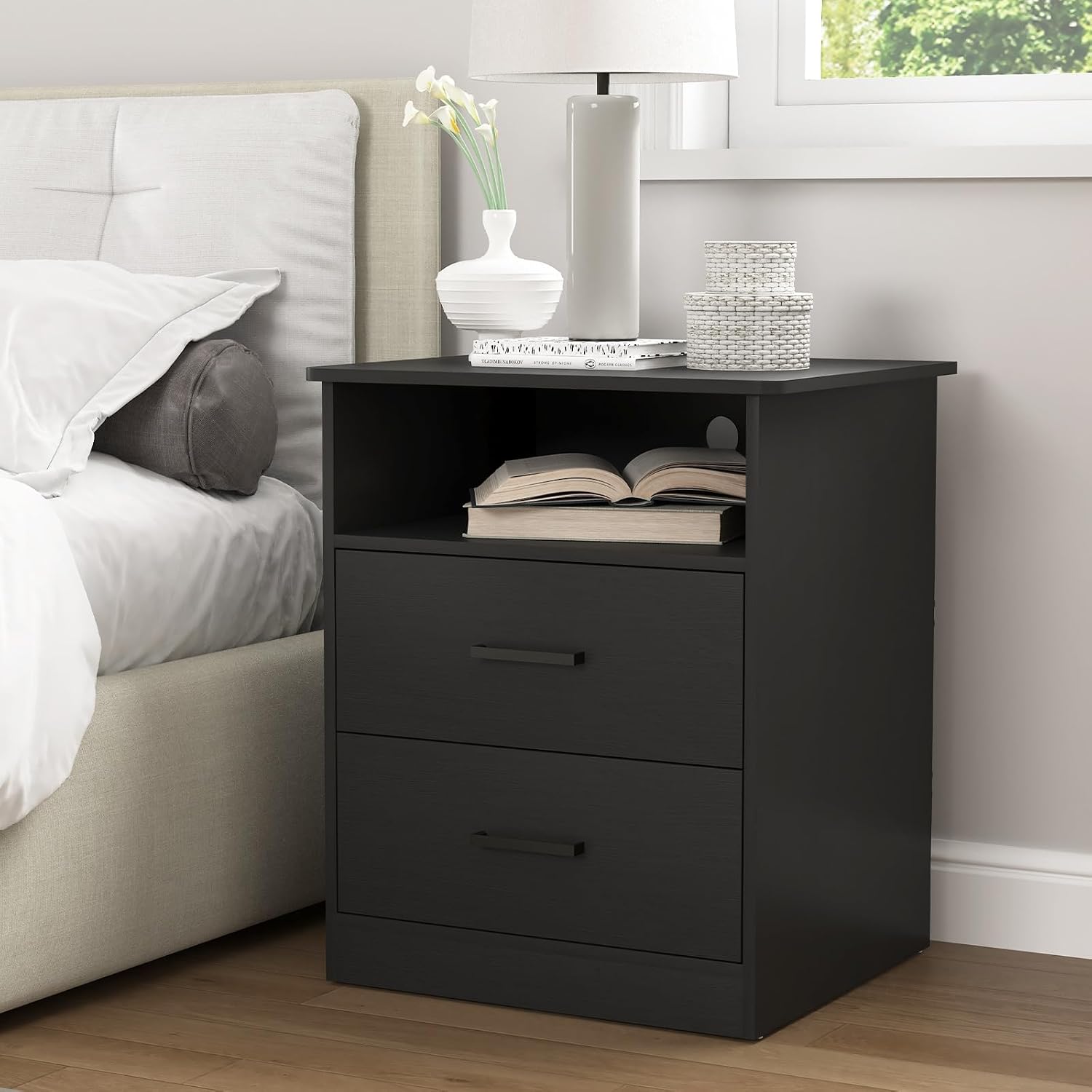 Spaco Black Nightstand Set of 2 with Charging Station,Modern Night Stand Set with 2 Drawers and Open Shelf,Bedside Tables with Storage for Bedroom, End Side Tables for Living Room