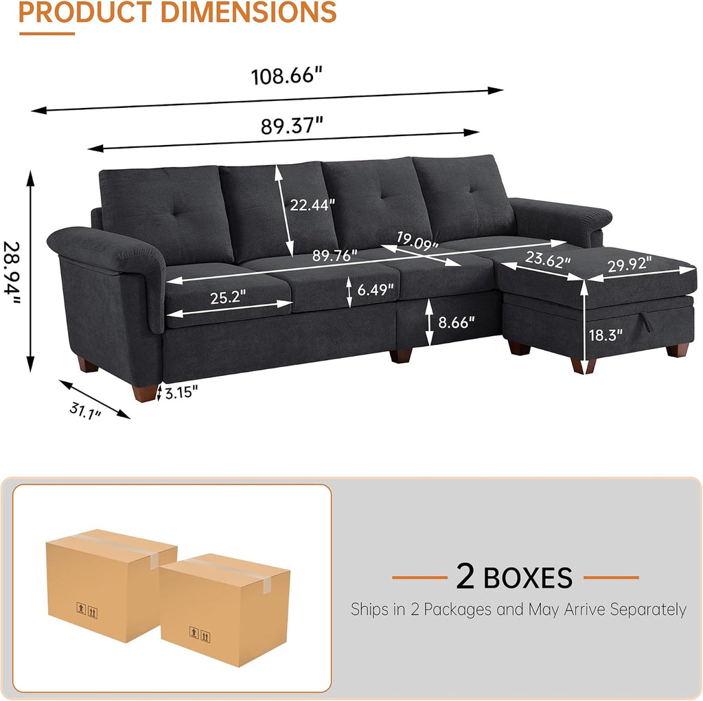 108' Sectional Sofa, Convertible L Shaped Sofa with Ottoman and Large Storage, 4 Seat Sectional Couch with Cup Holder, Couches for Living Room, Apartment, Office (Dark Grey)