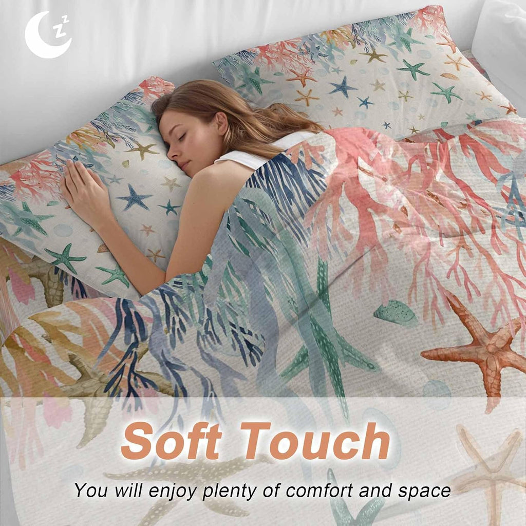 Oceans Animal Duvet Cover Set Queen Size 4 Pieces Summer Colorful Starfish Coral Seagrass Linen Texture Bedding Set with Zipper Closure, 1 Comforter Cover 92x106 Inches 1 Flat Sheet & 2 Pillow Cases