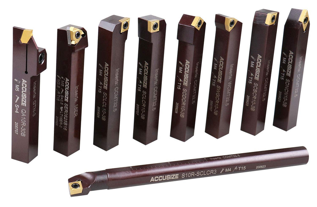 Accusize Industrial Tools 5/8' Shank 9-Piece Indexable Turning & Boring Tool Set, TiN-Coated C6 Inserts for Steel, 2988-0058