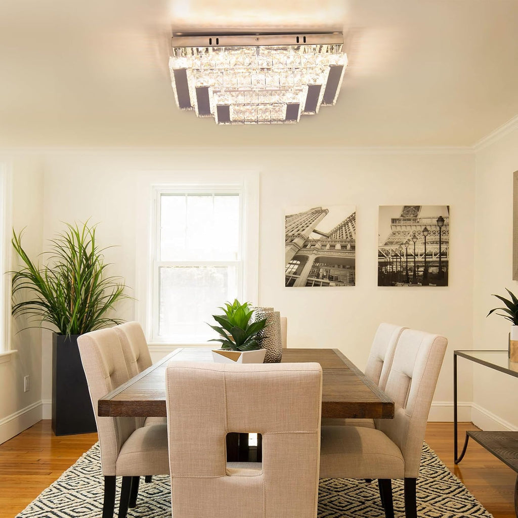 Dimmable Square Crystal Flush Mount Ceiling Light, 15' 3-Tier Crystal Chandelier Ceiling Light, Remote Included, 3000–6500K CCT, K9 Crystal & Stainless Steel for Living Room Dining Room Bedroom