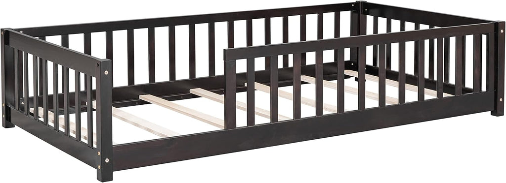 Twin Size Kids Montessori Floor Bed,Twin Floor Bed Frame with Slats,Solid Wood Twin Bed Frame for Girls Boys,White