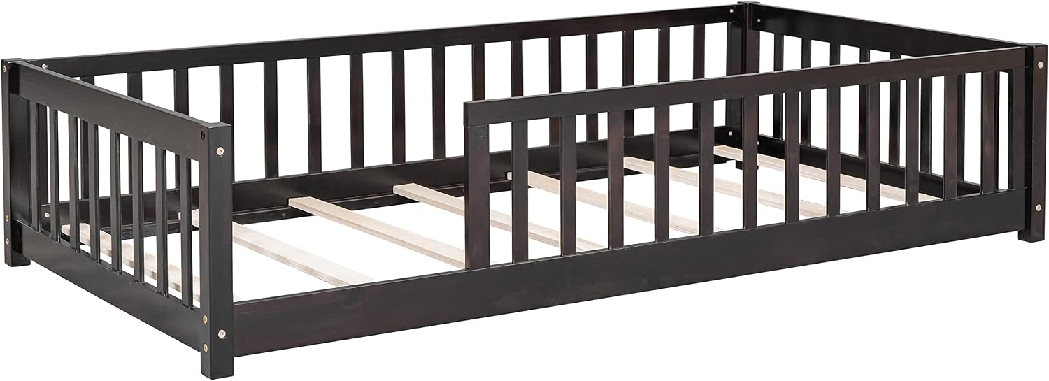 Twin Size Kids Montessori Floor Bed,Twin Floor Bed Frame with Slats,Solid Wood Twin Bed Frame for Girls Boys,White