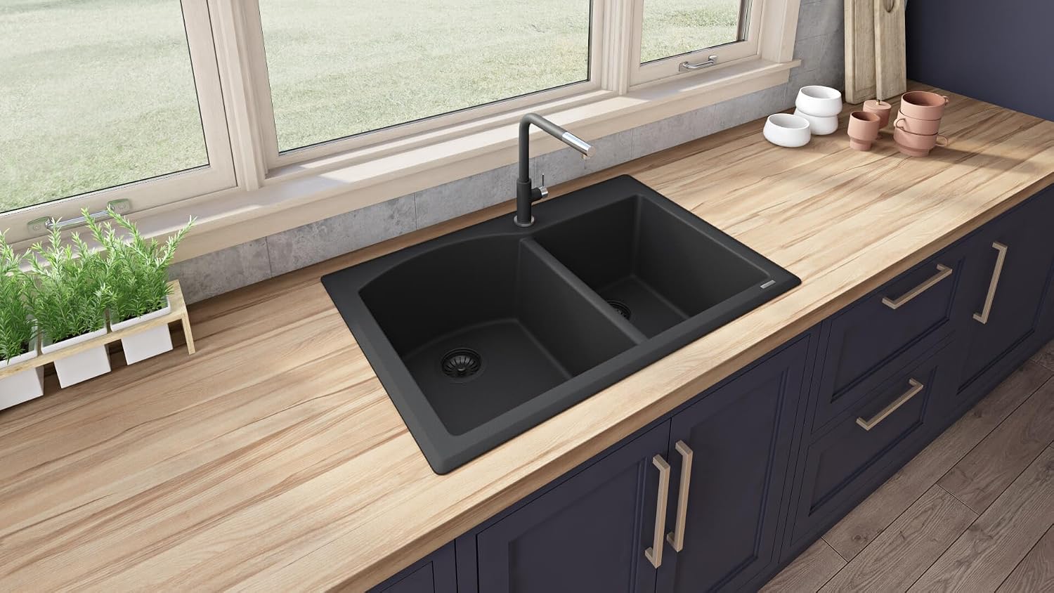 Ruvati 33 x 22 inch epiGranite Drop-in Topmount Granite Composite Quartz Double Bowl Kitchen Sink - Midnight Black - RVG1344BK