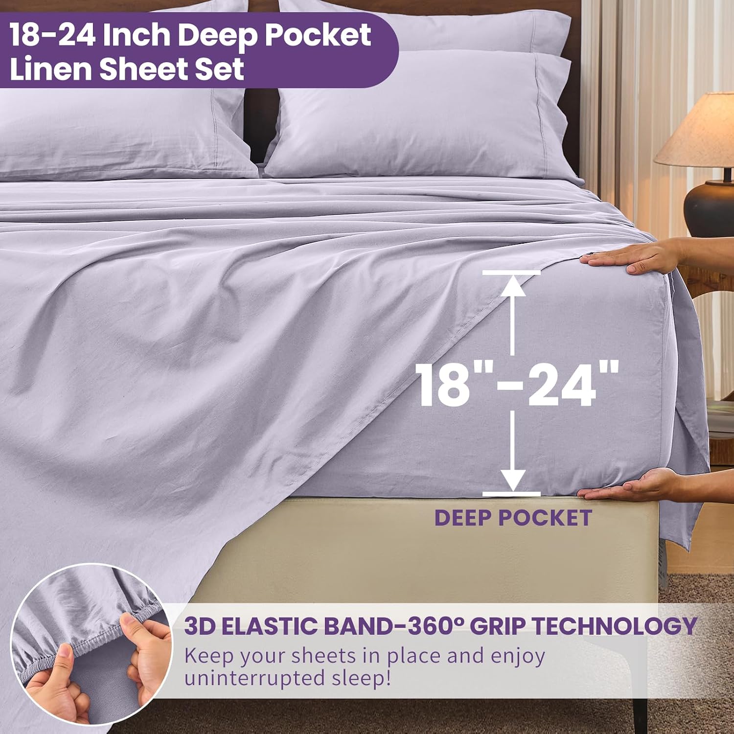 Bedlifes 100% French Flax Linen Sheets Set California King Size-6 Piece Extra Deep Pocket 18-24',Soft Breathable Cal King Bed Sheets with Temperature Regulating & Moisture-Wicking(Lavender